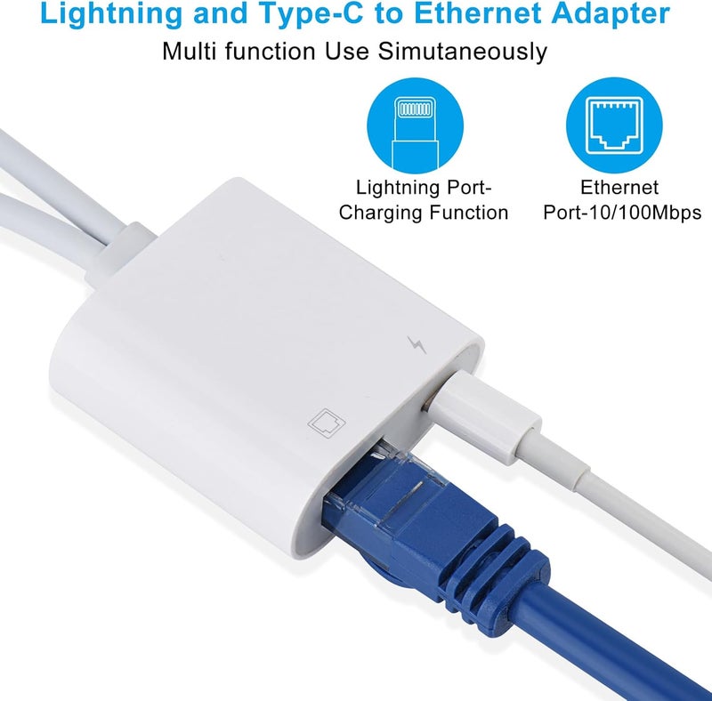 Giochem Lightning and USB C to Ethernet Adapter,2 in 1 RJ45 Ethernet LAN Network Adapter with Charge Port Compatible with iPhone/iPad/iPod/Samsung and More,Supports 100Mbps Plug and Play - Image 2